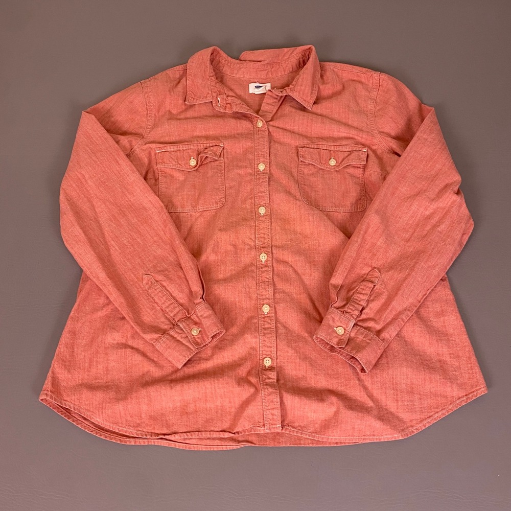 Old Navy Button Up Shirt Womens XL Salmon Pink Long Sleeve Utility Shirt Pockets